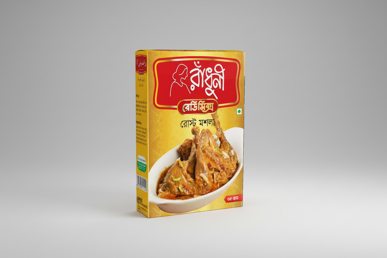 Box of Roast Fish with Bengali text on a yellow background