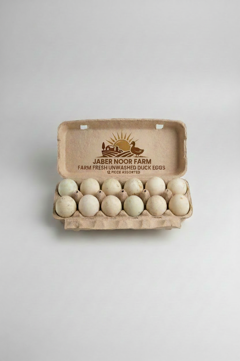 Advertisement for Jaber Noor Farm duck eggs with 5gemart branding on a decorative background.