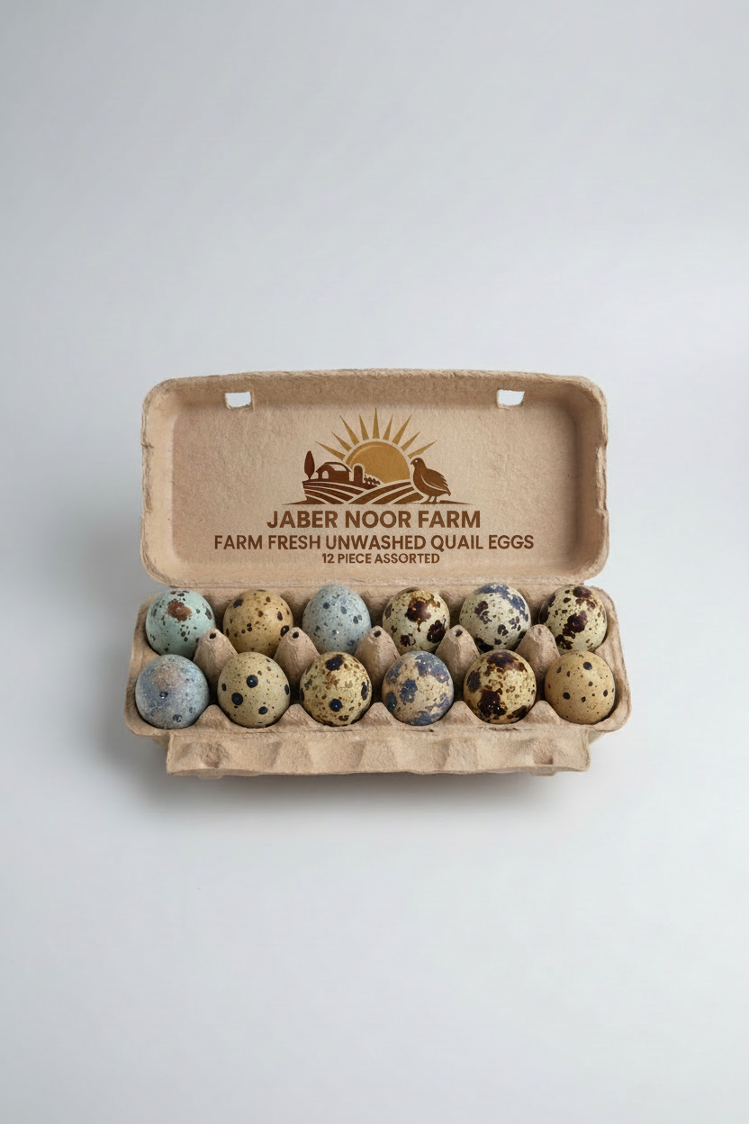 Advertisement for Jaber Noor Farms quail eggs with 5gemart branding on a decorative background.
