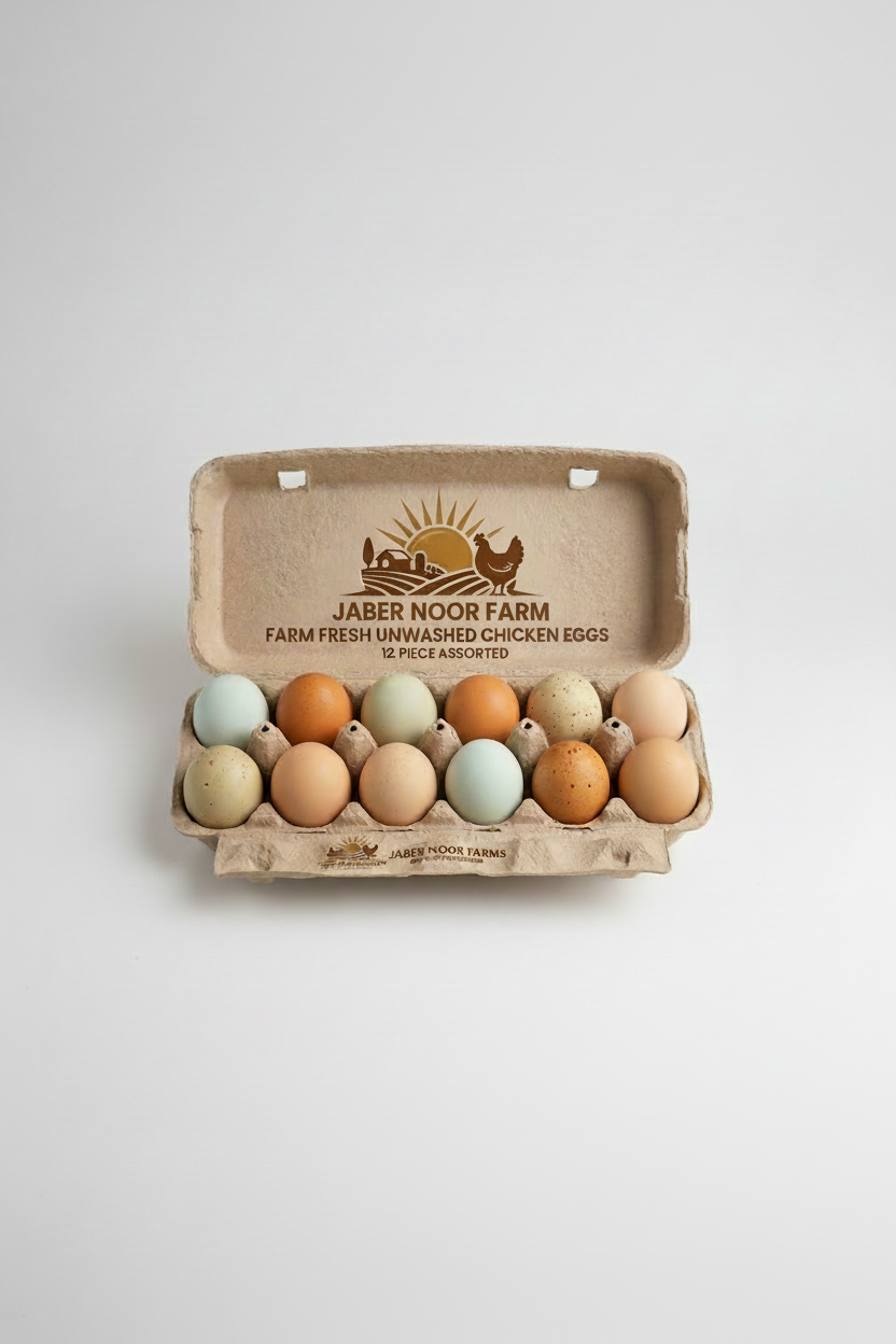 Advertisement for Jaber Noor Farm chicken eggs with 5gemart branding on a decorative background.