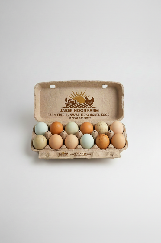 Advertisement for Jaber Noor Farm chicken eggs with 5gemart branding on a decorative background.