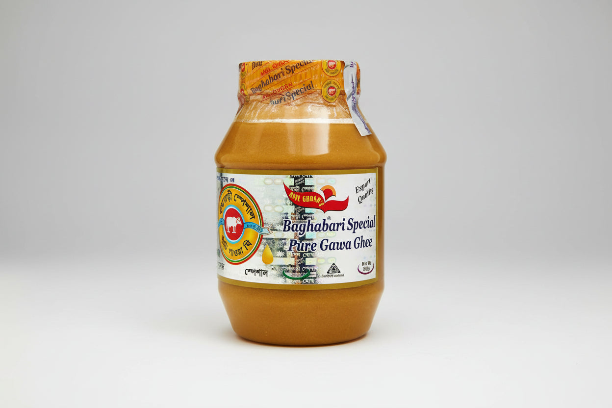 Jar of Baghabari Special Pure Gawa Ghee with a colorful label on a white background